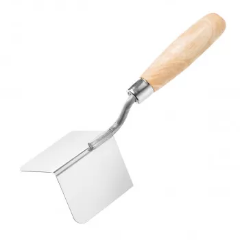 Inside corner trowel, wooden handle, stainless steel 