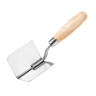 Outside corner trowel, wooden handle, stainless steel 