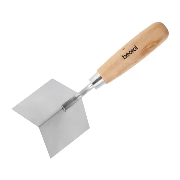 Inside corner trowel, wooden handle, stainless steel 