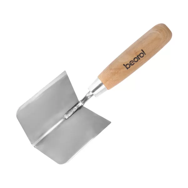 Outside corner trowel, wooden handle, stainless steel 