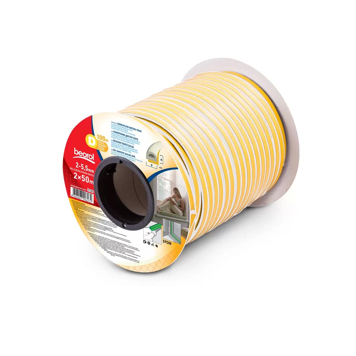 Seal strip D-profile, white 2x50m 