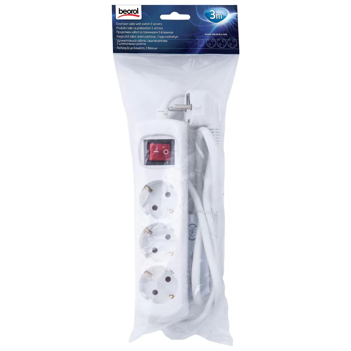 Extension cable with switch, 3 sockets 3m 