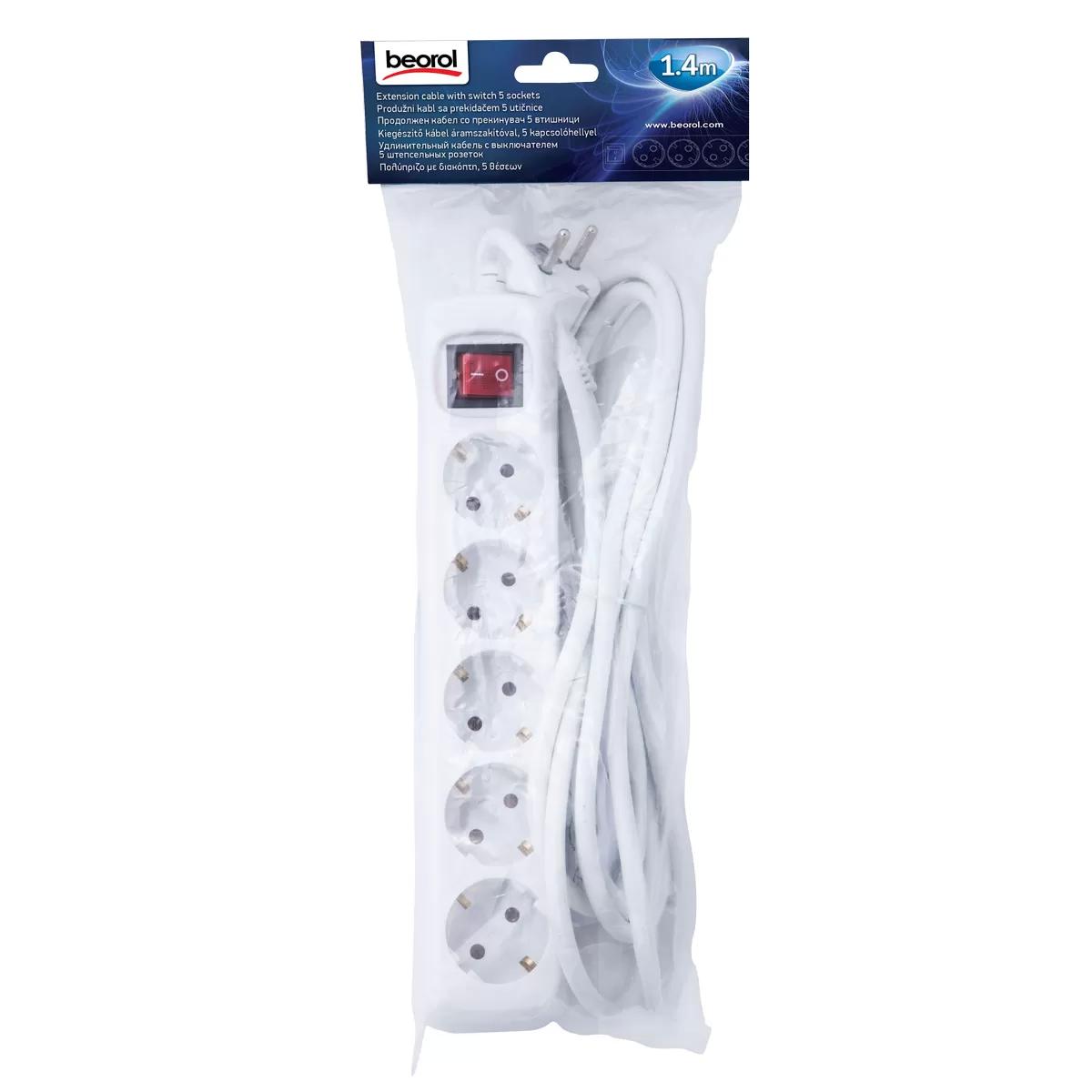 Extension cable with switch, 5 sockets 1.4m 