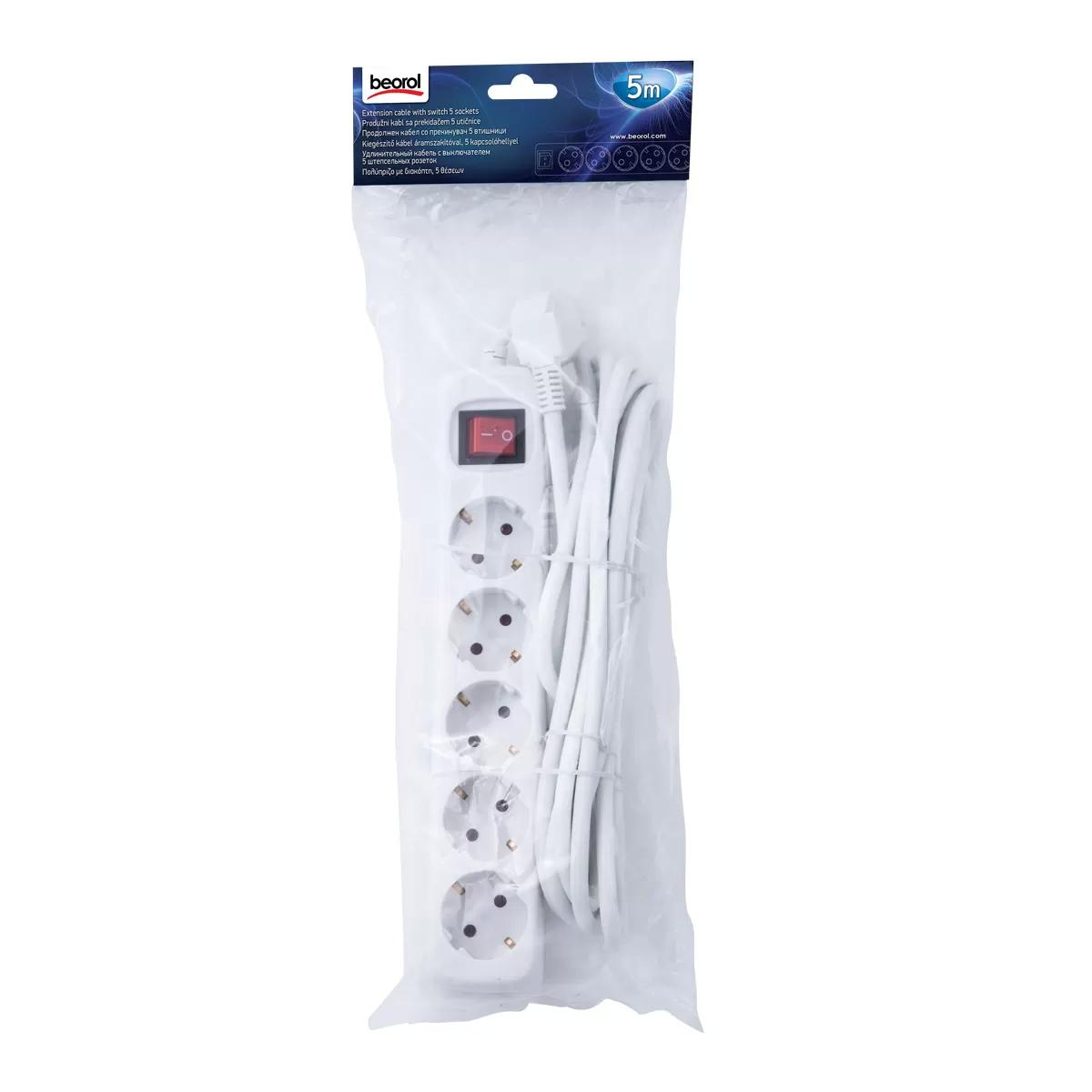 Extension cable with switch, 5 sockets 5m 